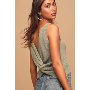 Lulus Let's Get Away Sage Green Knit Twist Back Tank Top - Size M